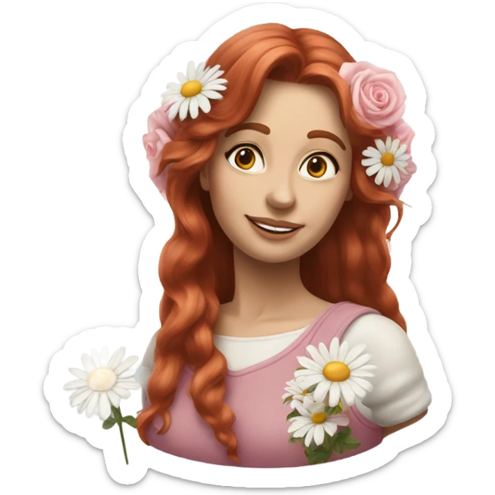 Realistic european woman with longer red  hair with pink roses & white daisies in hair sticker