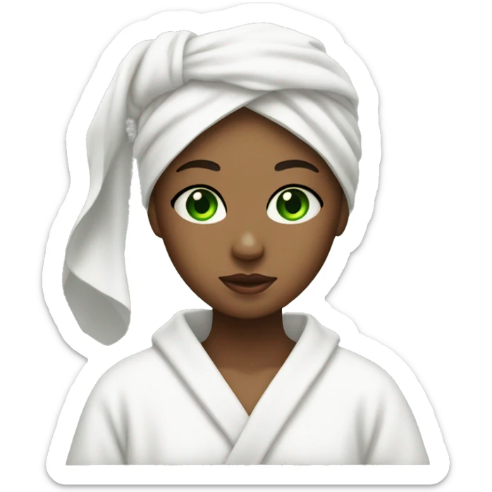 A girl with green eyes with a mask on her face, wearing a white towel on her head and a white robe sticker