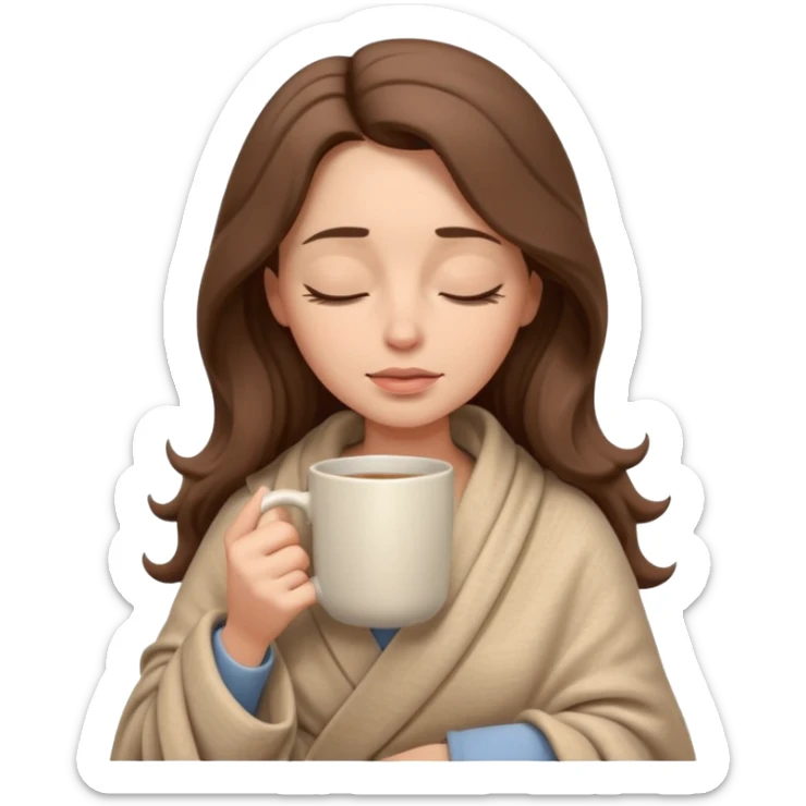 emoji-style illustration of a pretty relaxed woman with long wavy brown hair, wrapped in a cozy beige blanket, holding a mug cup, eyes closed, sad and a bit anxious expression, soft 3D cartoon rendering, warm and comforting mood, plain background
 sticker