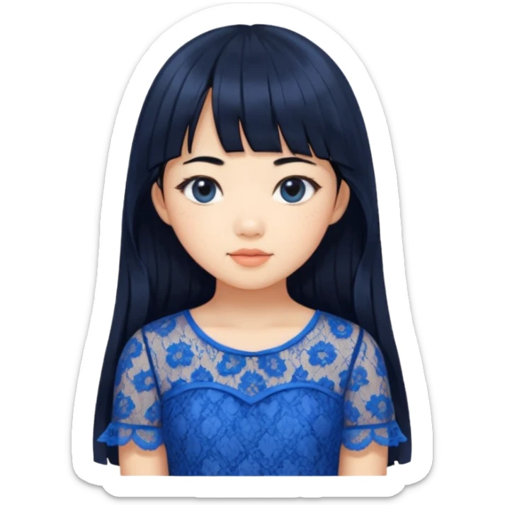 Long hair asian girl with curtain bangs with a blue lace top on with GG written sticker