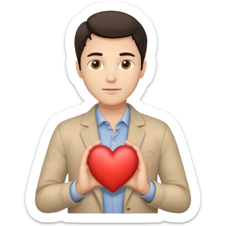 A white handsome man with dark hair and beige clothes with beige heart in his hands sticker