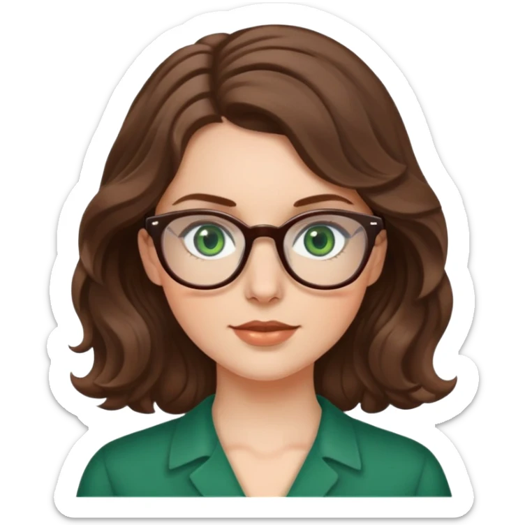 White girl with medium length brown wavy hair, glasses, and green eyes sticker