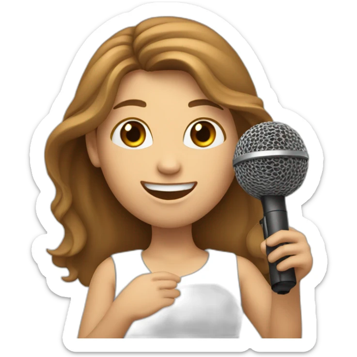Caucasian girl with long Brown hair holding a michophone singing happy sticker