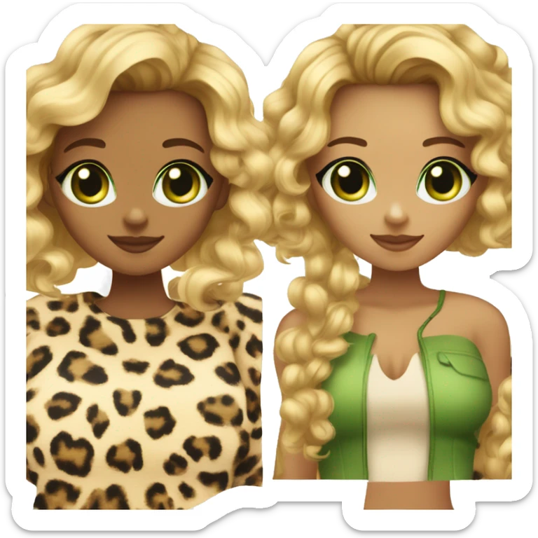 tanned girl with curly blonde hair with highlights. leopard top and black cat with green eyes sticker