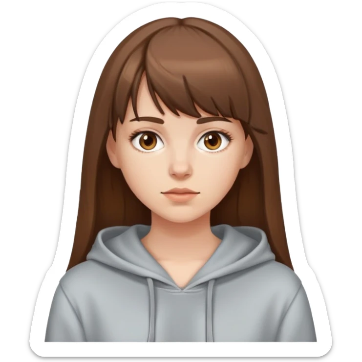 white girl with brown hair, bangs, wearing a hoodie sticker