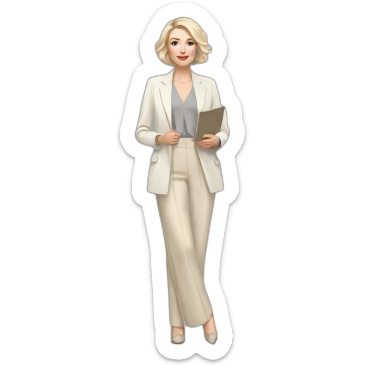 Full height pale skin woman with ash blonde Straightened bob Hair, White Spacious classical jacket, beige palazzo Arrow pants and gray blouse holding a color palette in the hands sticker