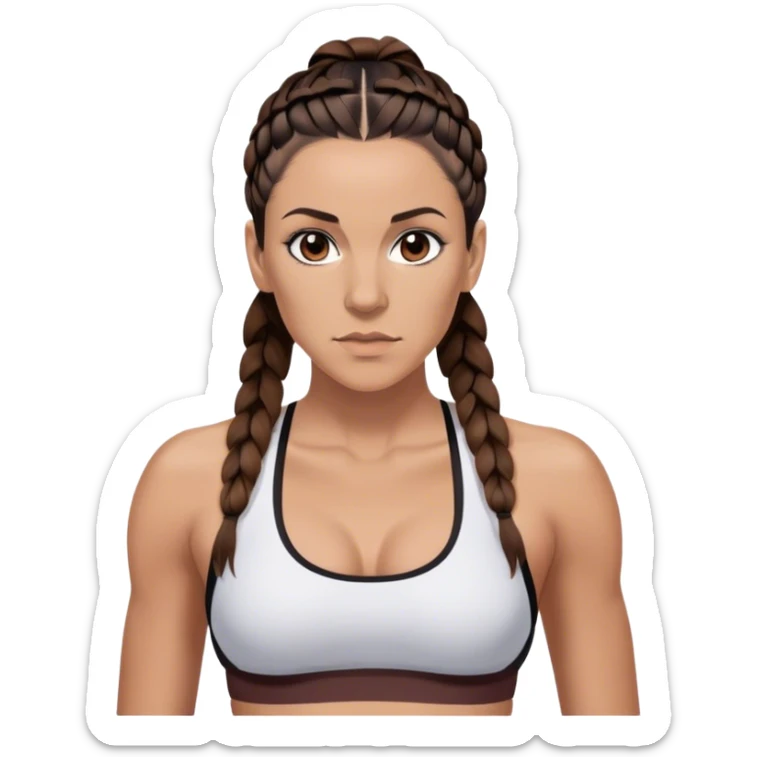 Melanie chisholm with two dark brown french braids parted down the middle, wearing a sports bra sticker