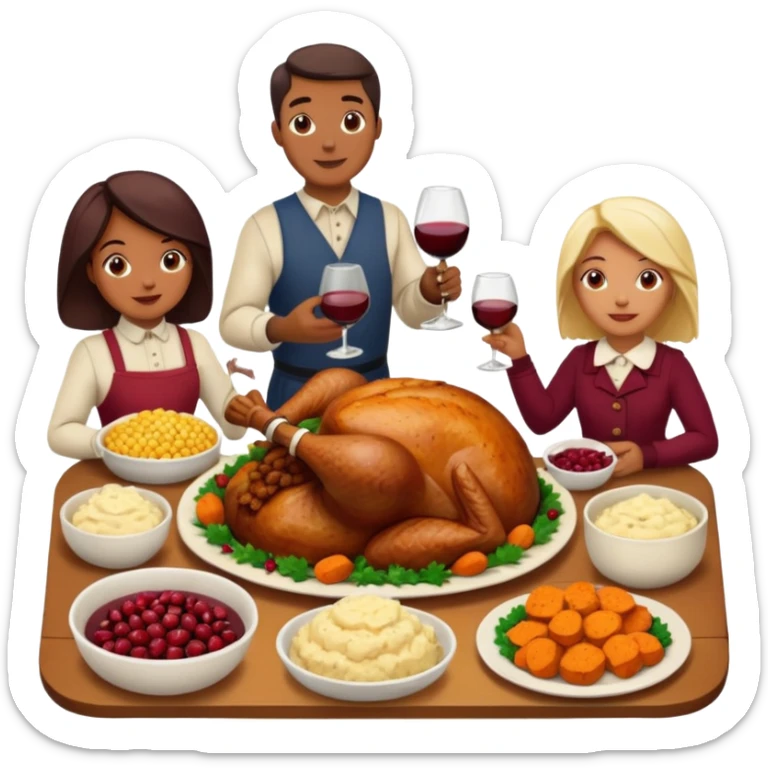 Thanksgiving Dinner with 10 people of different skin color around the table; have the food be a cooked turkey, mashed potatoes, corn, a basket of biscuits, a small bowl of cranberry sauce, baked yams, steamed vegetables, and a bottle of wine. sticker