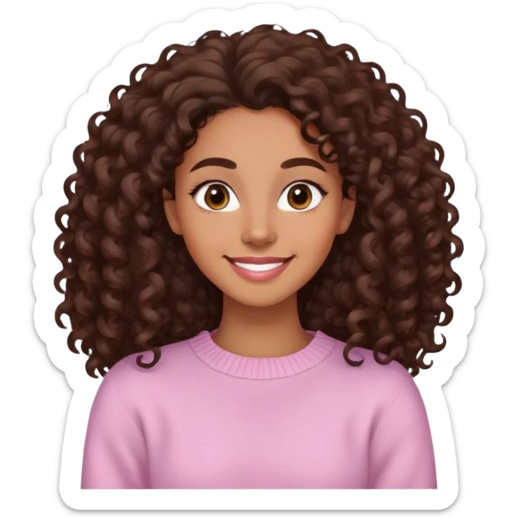 Mujer piel light brown canela, cara ovalada, cejas definidas, pelo súper largo rizado marron oscuro, raya al lado. Sonrisa amplia, expresión suave-alegre. Sweater largo rosado claro. sticker