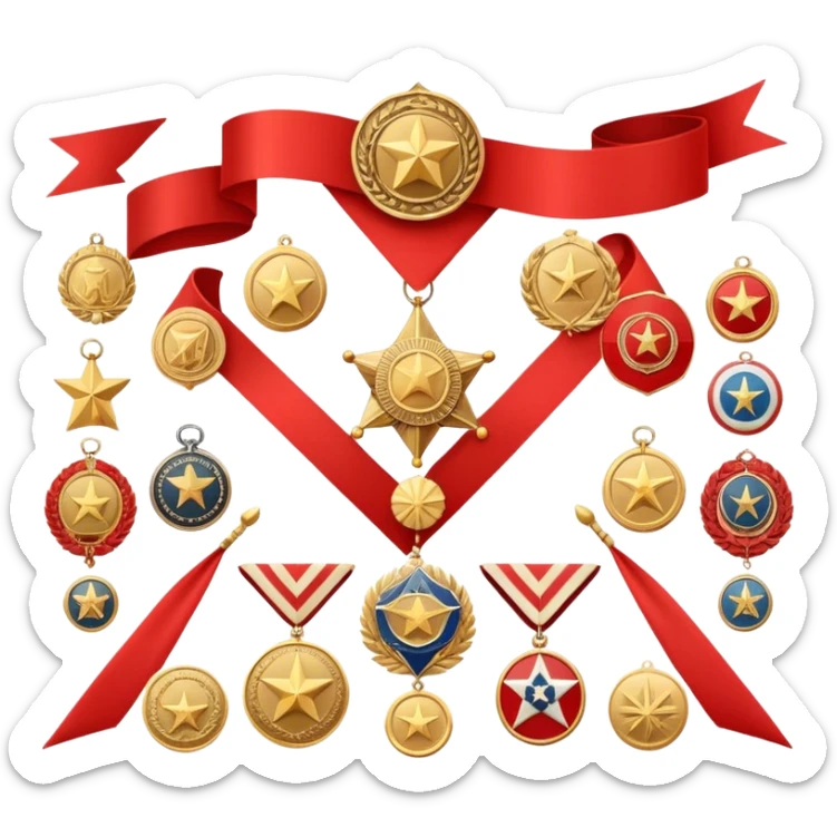 Icon for Collecting Orders, Medals & Badges: a variety of vintage orders, medals and badges, displayed neatly on a big red pennant or in a display case. The icon should reflect the honor and historical significance of these collectible items. Transparent background. sticker