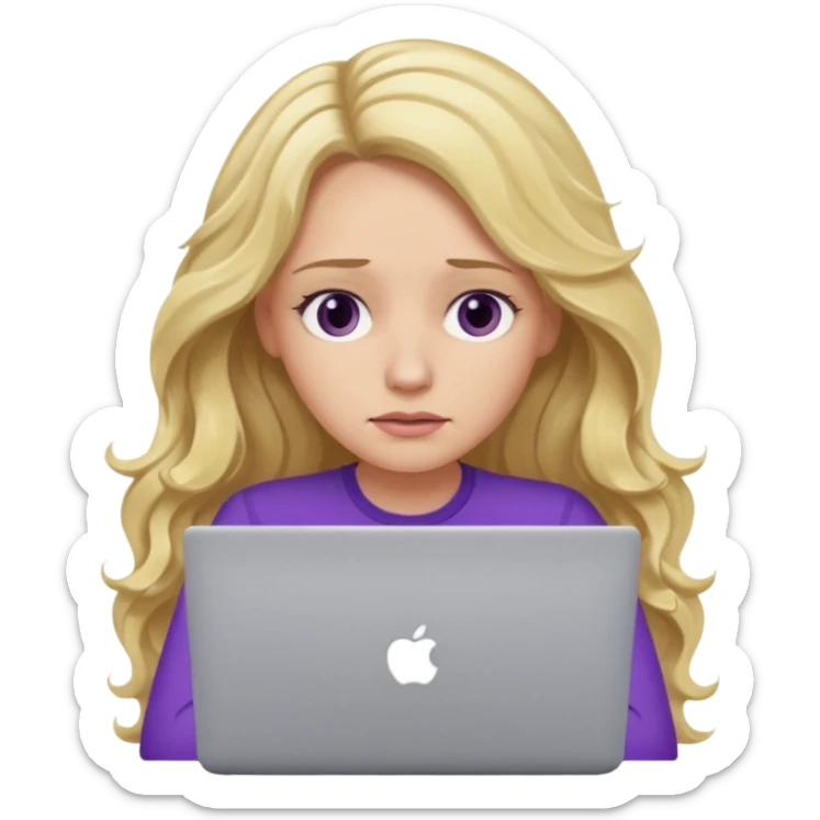 lady with long blonde wavy hair, purple top throwing her with a laptop looking tired sticker