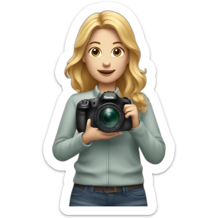 women photographer with honey colored blonde hair holding a camera canon sticker
