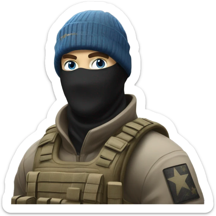 White male, call of duty black mask, camo tactical gear, tan combat boots, black beanie, blue eyes sticker