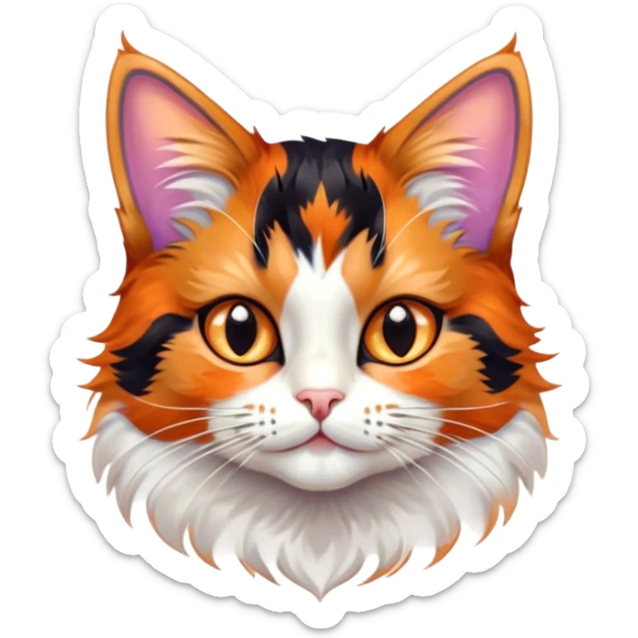 Cinematic Cute Calico Cat Portrait Emoji, Head tilted playfully with sparkling, inquisitive eyes and a charming patchwork fur of orange, black, and white, simplified yet irresistibly adorable, highly detailed, glowing with a warm, inviting glow, high shine, bubbly and affectionate, styled with a touch of whimsical feline charm, soft glowing outline, capturing the essence of a delightfully cute calico cat that looks as if it could prance off the screen into your heart! sticker