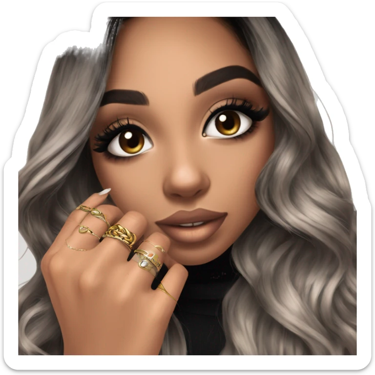 Glamorous, streetwear, black balayage hair, long wavy hair, olive skin, brown almond eyes, winged eyeliner with big lashes, wearing hooped earrings, rings and bracelets  sticker