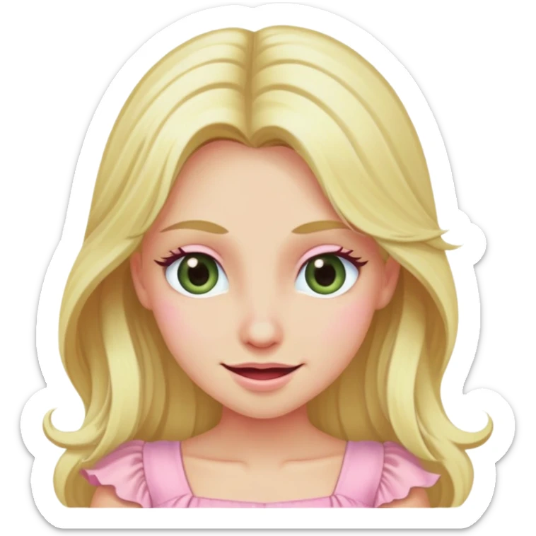 blonde with long hair and swamp eyes in a pink pastel dress, winking sticker
