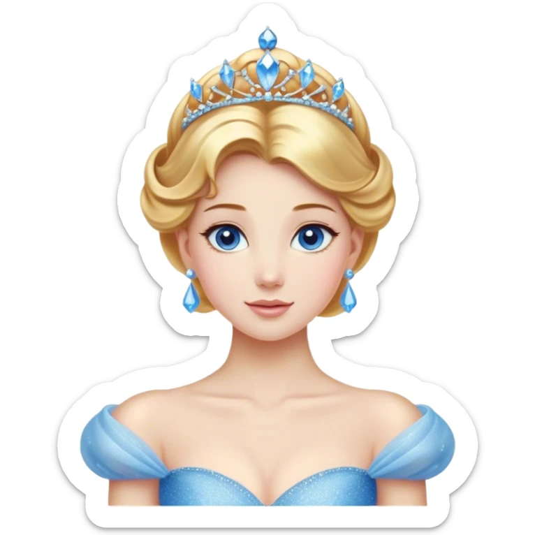 Cinematic Stunning Cinderella Portrait Emoji, Radiant in her sparkling blue ball gown, golden hair in a perfect updo, soft blue eyes full of wonder, glistening tiara, glowing with an ethereal beauty, regal yet kind, a dreamlike aura surrounds her, capturing the essence of a fairy tale princess, elegant and breathtaking! sticker