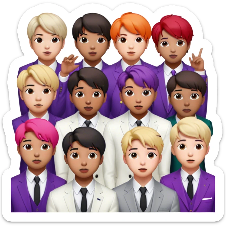 Cinematic Realistic group portrait of BTS featuring all 7 members in stylish modern attire, with detailed facial expressions and vibrant colors, captured in dynamic, contemporary lighting that emphasizes their global pop icon status sticker