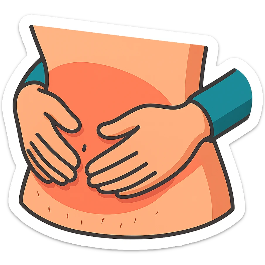 extreme close-up of a person's stomach with hands gently massaging the area, only the stomach and hands, no face, 2D isometric illustration style sticker