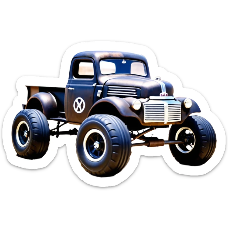 1:10 off-road lcg smoking rusting Arrma Traxxas Basher style Wednesday Adam’s 1954 blackened tarnished hotrod rat rod streamlined anime VW zombie extended cab rc bulging pickup (extra wide low-profile pin tires chrome wheels with fenders) sticker