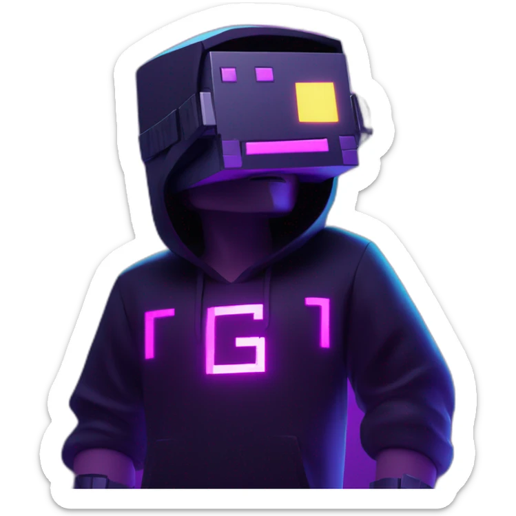 Minecraft steve wearing a black hoodie with "OMG" letters on it and VR headset in a cyberpunk VR environment with violet neon lighting. sticker