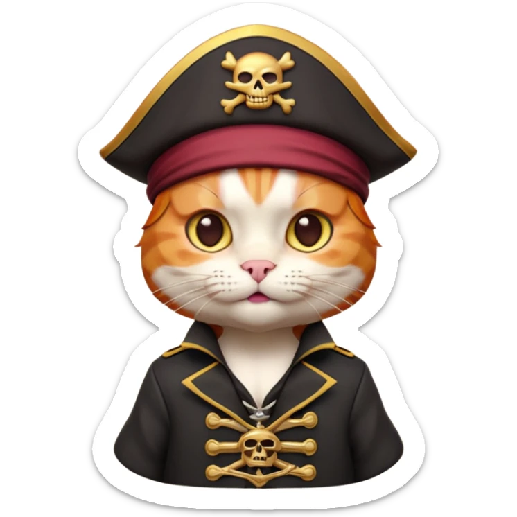 Premium 3D emoji icon of a cute ginger cat pirate, wearing a **burgundy red** pirate hat with a gold skull icon, and a black and gold captain's jacket. Glossy finish, claymorphism style, soft studio lighting, isolated on white background, 8k resolution, stylized professional look --v 6.0 sticker