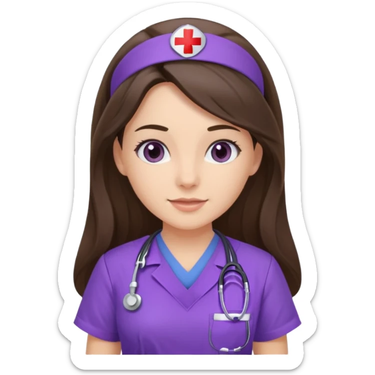 pretty brunette nurse with long hair in purple scrubs sticker