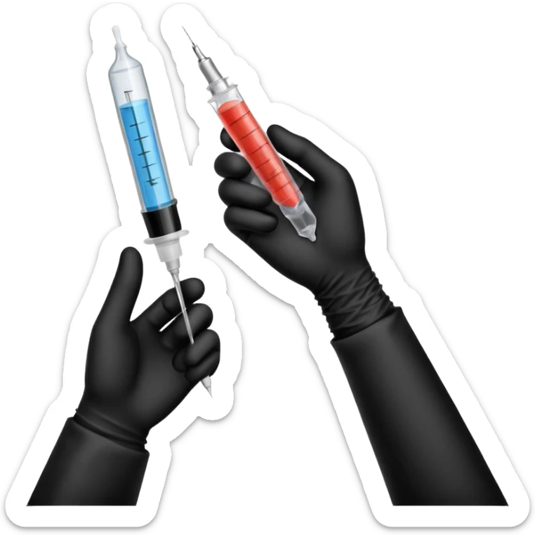 mano con guante medico de color negro sosteniendo una jeringa sticker