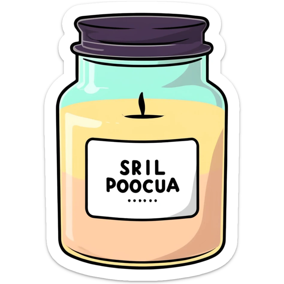 creamy beige vanilla-scented candle in a glass jar with a soft glow, pastel label, and wax texture, rounded edges, slight gloss, cozy and elegant feel sticker