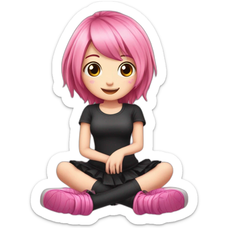 Full body Front view curvy emo girl pink hair sits on the floor straight view hands up black skirt белые трусики полосатые рваные чулки sticker