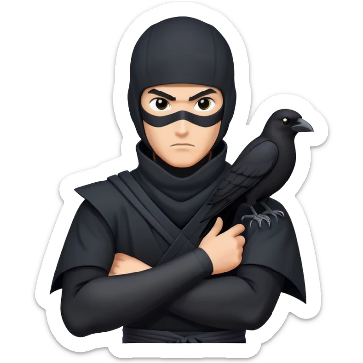 clash-of-clans-aesthetic_-cinematic-mysterious-male-ninja-portrait-emoji, rendered in a flat, vector-style with minimal shading and bold, simplified shapes, with a head slightly turned revealing intense, focused eyes. the ninja has his arm out and perched on top of his forarm is  a black crow sticker