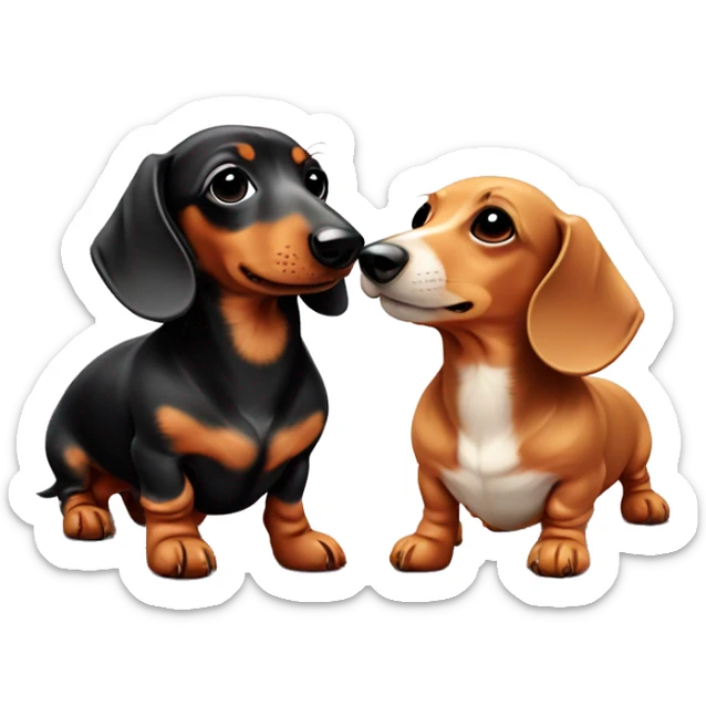 Two mini dachshund of different sizes and colours in love with a love heart sticker