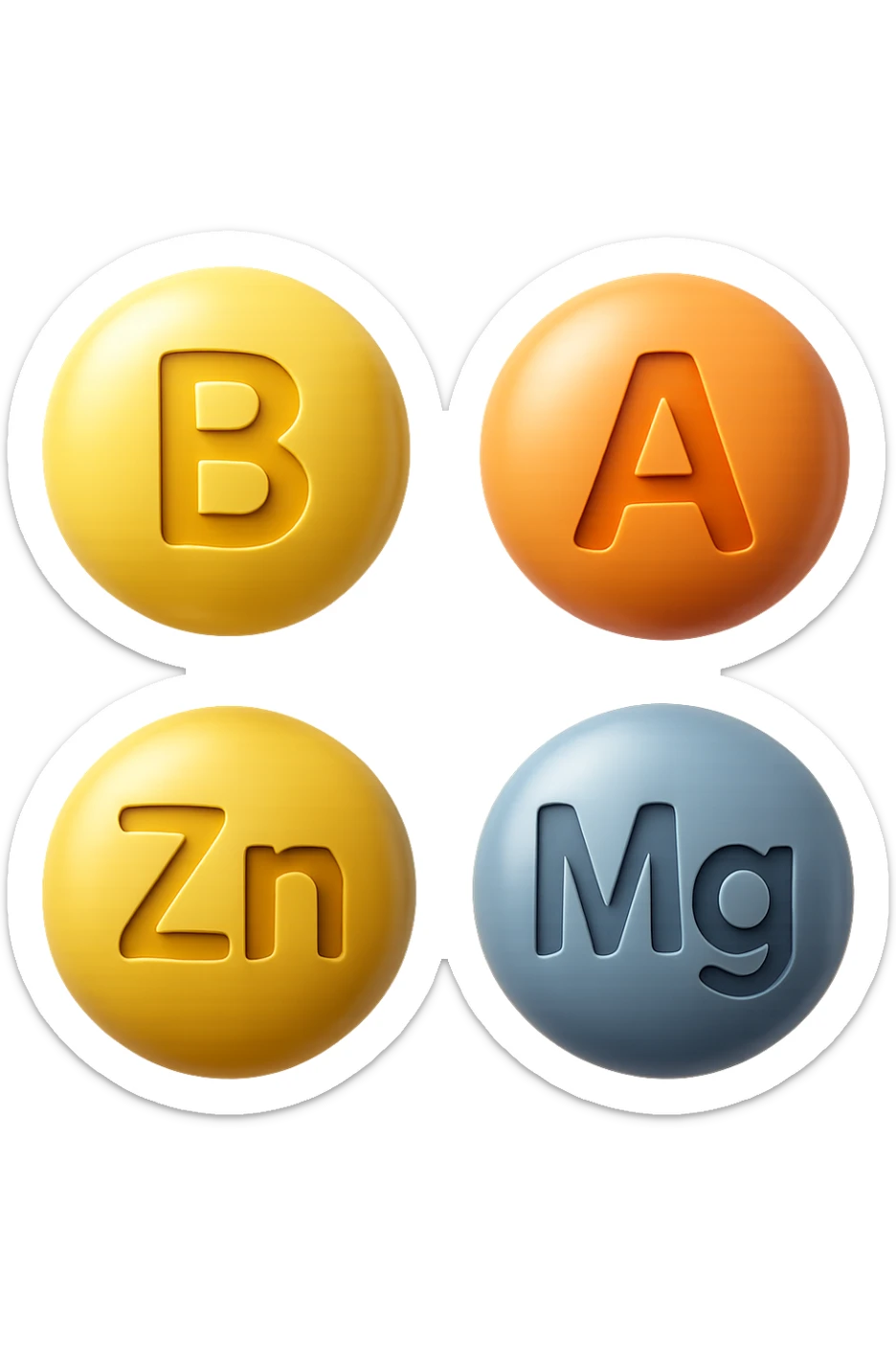 emoji stile iphone in 3d di vitamina B, vitamina A, zinco, magnesio fluttuano in aria, iperrealistico 4k sticker