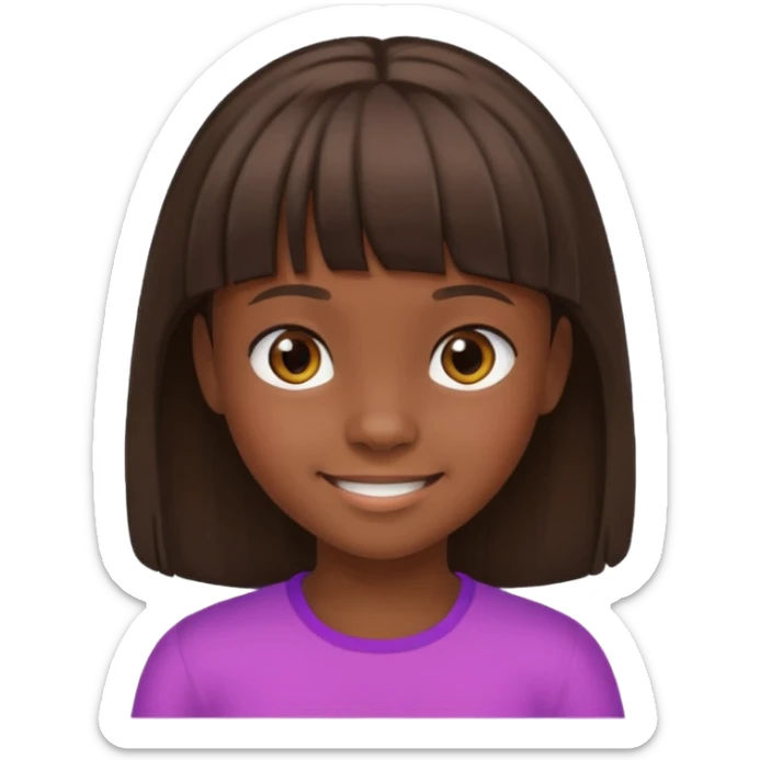 Head without neck of a 10-year-old girl with dark skin, brown hair, and bangs on her forehead. sticker