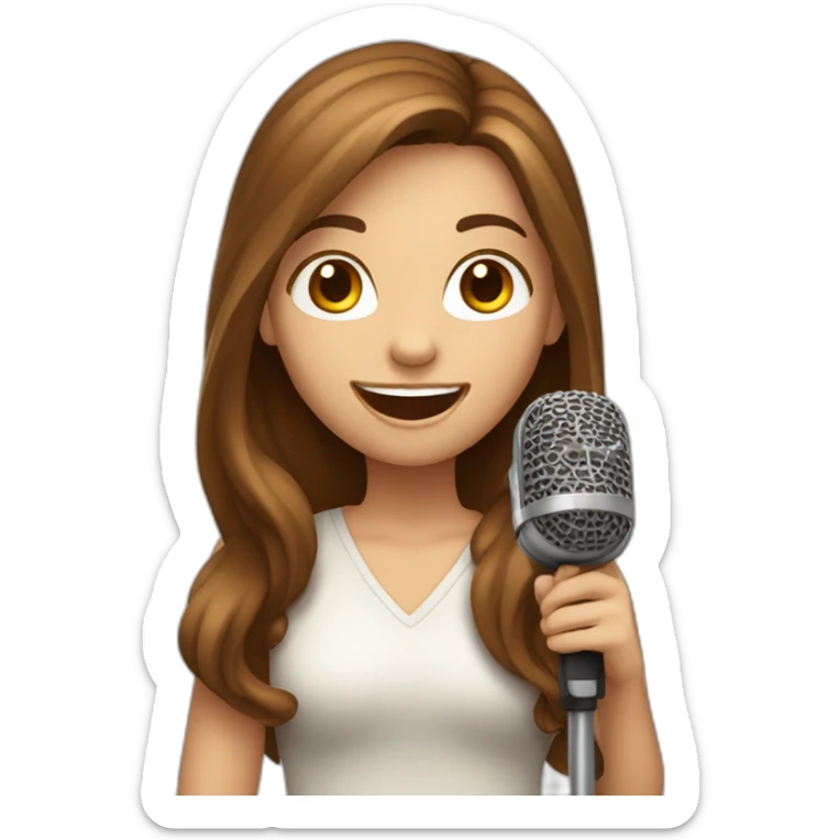 Caucasian girl with long Brown hair holding a michophone singing happy sticker