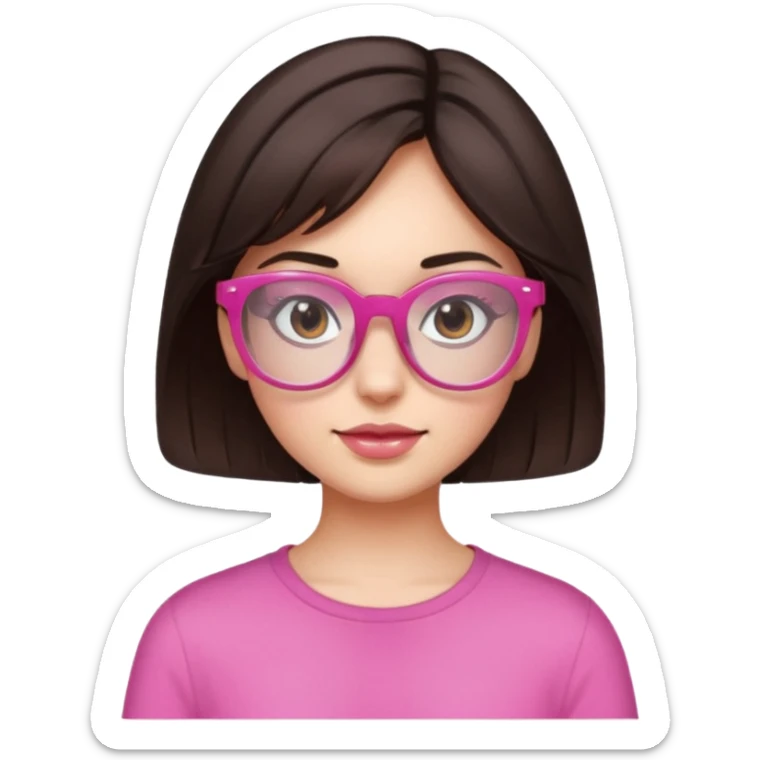 to give birth to a brunette girl who wears semi-transparent pink glasses and has short dark brown hair. sticker