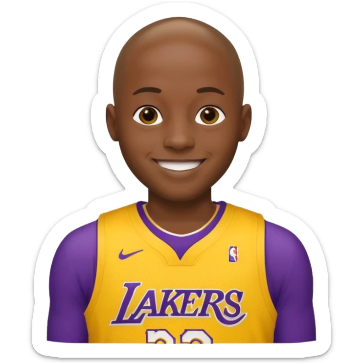 ["Very dark skin male, shaved head, wearing a yellow Lakers jersey."] sticker