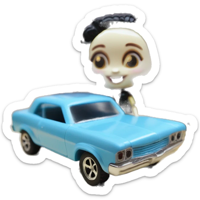 Side view Baby blue Wednesday Addams Barbie Hot wheels Bone Shaker street rod sticker