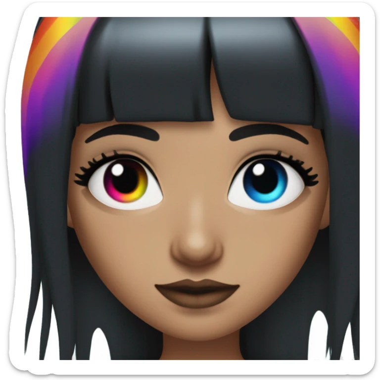 white girl blue eyes with long black hair and rainbow fringe. Wearing black crop top and with dark eye makeup on her eyes sticker