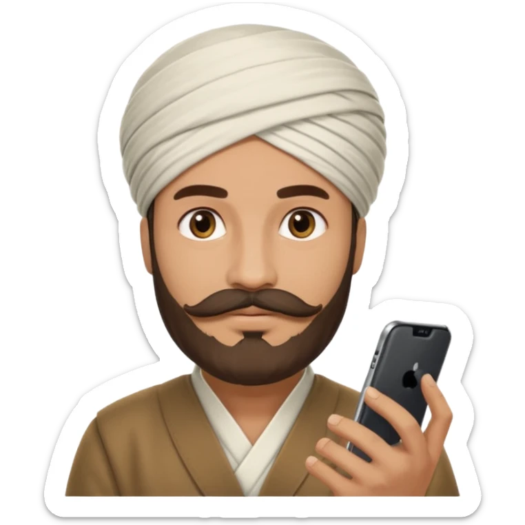 A man wearing imama sharif (traditional turban), with a beard and moustache, using a smartphone. The man looks focused while using the mobile. Realistic emoji-style illustration with soft lighting and warm tone sticker