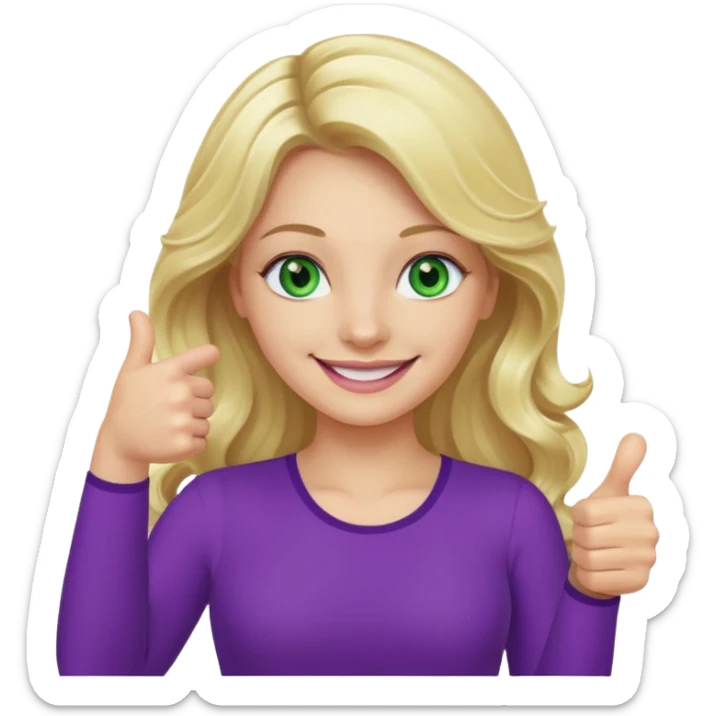 lady with long wavy blonde hair, purple top, green eyes, thumbs up sticker