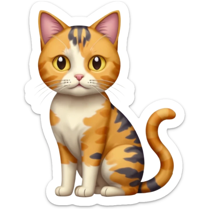 full body colourful calico tabby cat with disproportioned head with an anxious face sticker