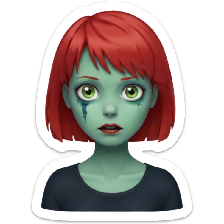 Zombie girl emoji with short red hair and bangs. Blue eyes, green skin, and a black top Her hair is slightly wavy sticker