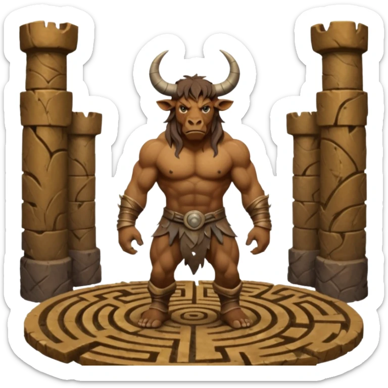 solarpunk style, oil paint - The deranged Minotaur stands in the middle of the labyrinth sticker