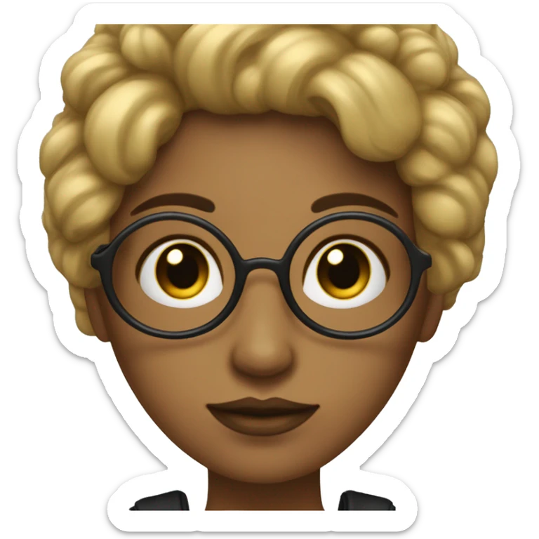 Crea un personaje mujer con lentes dorados y cabello negro con fleco y ojos azues sticker