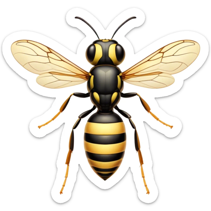 Beautiful and Majestic Wasp Portrait Emoji, Head and body rendered in serene repose with a gentle, confident smile, showcasing a refined, streamlined form with delicately patterned stripes and softly closed, focused eyes, Simplified yet exquisitely endearing features, highly detailed, glowing with a soft, drowsy radiance, high shine, relaxed and utterly noble, stylized with an air of regal insect elegance, soft glowing outline, capturing the essence of a beautiful and majestic wasp that embodies the refined power of nature! sticker