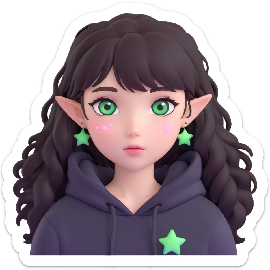 A cute girl with white skin, dark wavy hair just below her shoulders, green eyes, fair skin, a soft pink blush, and burning stars in her eyes. She has a thin neck and is wearing a black hoodie. The girl has long bangs styled on both sides of her face. sticker