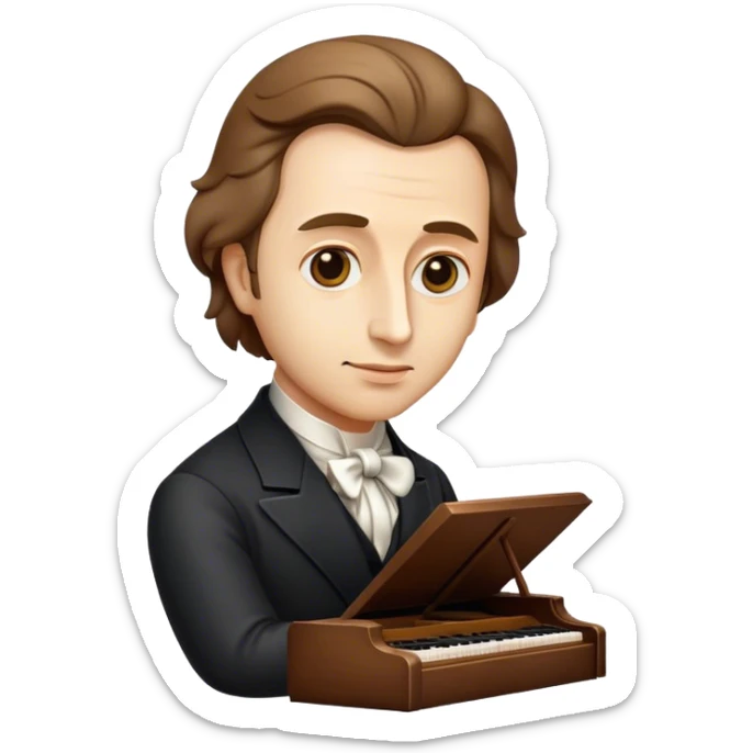 Cinematic Realistic Chopin Pop Culture Emoji, featuring an evocative portrayal of the legendary composer rendered with delicate textures and emotive, dynamic lighting. sticker