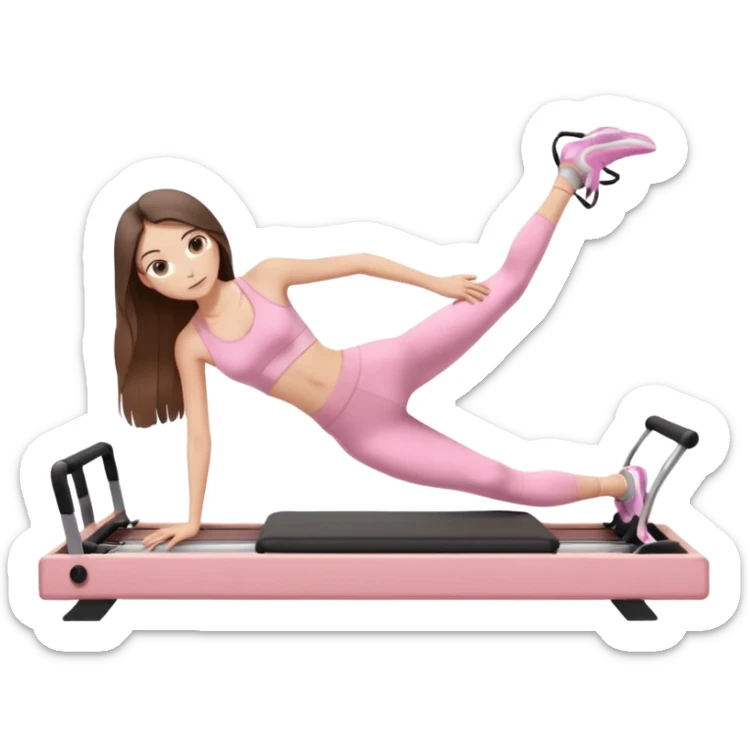pretty skinny white brunette teen long hair with hazel eyes and a small waist in light pink workout clothes in a plank on a pilates reformer sticker