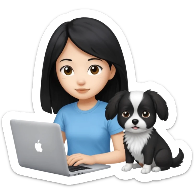 Asian girl long black hair, wearing a light blue t-shirt, working on an Apple laptop, next to her is a small black and white dog sticker